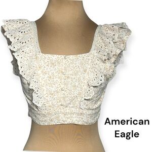 American Eagle cottagecore boho floral eyelet lace ruffle sleeve crop top size S